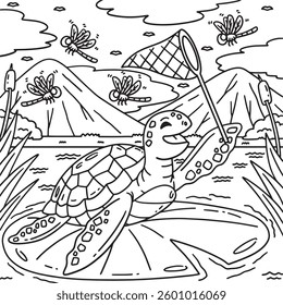 Turtle Catching Dragonflies Coloring Page for Kids