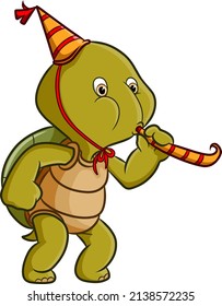 The turtle celebrating the birthday and blowing the trump of illustration