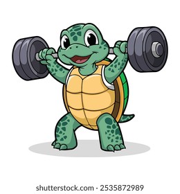 Turtle character with dumbbell weights pose