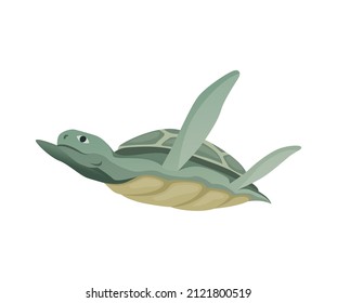 Turtle character. Green sea or ocean tortoise swimming. Wildlife animal in shell. Flat vector illustration isolated on white background