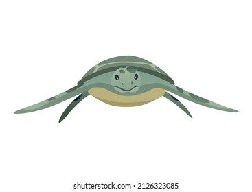 Turtle character. Green sea or ocean tortoise swimming. Wildlife animal in shell. Flat vector illustration isolated on white background