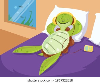 Turtle character listening to music in headphones illustration. Cartoon tortoise lying on bed with media player, enjoying songs in bedroom. Relaxation, music concept