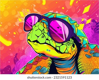 Un personaje de una tortuga haciendo gafas de sol de moda y un caparazón con estampado funky