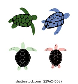 Turtle Character sea animal on deep background. Wild life illustration. Underwear world. Vector illustration.