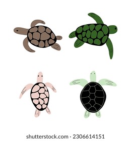 Turtle Character sea animal on deep background. Wild life illustration. Underwear world. Vector illustration.