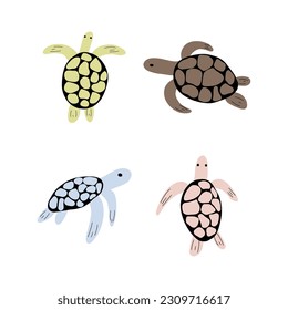 Turtle Character sea animal on deep background. Wild life illustration. Underwear world. Vector illustration.