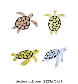 Turtle Character sea animal on deep background. Wild life illustration. Underwear world. Vector illustration.