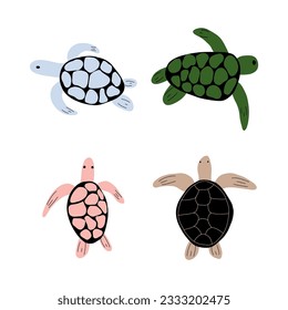 Turtle Character sea animal on deep background. Wild life illustration. Underwear world. Vector illustration.