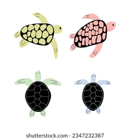 Turtle Character sea animal on deep background. Wild life illustration. Underwear world. Vector illustration.