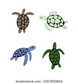 Turtle Character sea animal on deep background. Wild life illustration. Underwear world. Vector illustration.