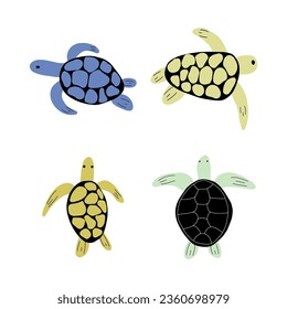 Turtle Character sea animal on deep background. Wild life illustration. Underwear world. Vector illustration.