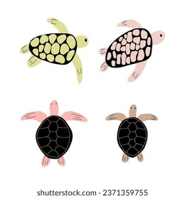 Turtle Character sea animal on deep background. Wild life illustration. Underwear world. Vector illustration.