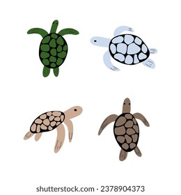 Turtle Character sea animal on deep background. Wild life illustration. Underwear world. Vector illustration.