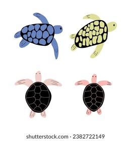 Turtle Character sea animal on deep background. Wild life illustration. Underwear world. Vector illustration.