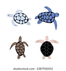 Turtle Character sea animal on deep background. Wild life illustration. Underwear world. Vector illustration.