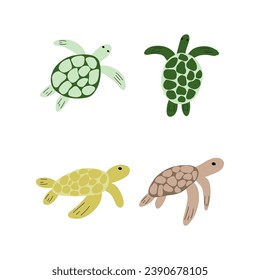 Turtle Character sea animal on deep background. Wild life illustration. Underwear world. Vector illustration.