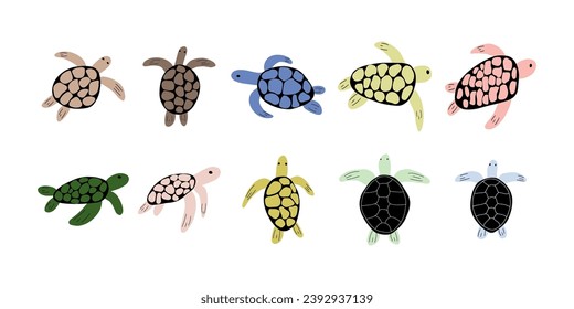 Turtle Character sea animal on deep background. Wild life illustration. Underwear world. Vector illustration.