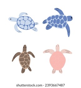 Turtle Character sea animal on deep background. Wild life illustration. Underwear world. Vector illustration.