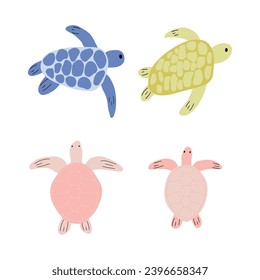 Turtle Character sea animal on deep background. Wild life illustration. Underwear world. Vector illustration.