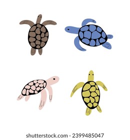 Turtle Character sea animal on deep background. Wild life illustration. Underwear world. Vector illustration.