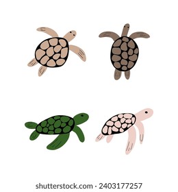 Turtle Character sea animal on deep background. Wild life illustration. Underwear world. Vector illustration.