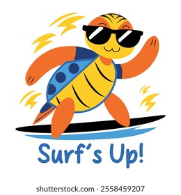 Turtle character with surf up typography, flat sticker 
