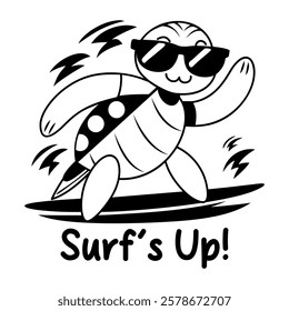 Turtle character with surf up typography, glyph sticker 

