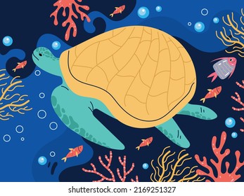 Turtle character swimming on sea bottom composition. Vector flat cartoon graphic design illustration