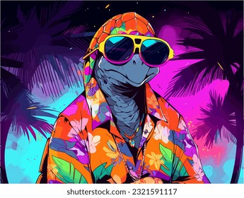 A turtle character wearing sunglasses and a Hawaiian shirt