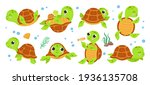 Turtle characters. Cartoon tortoise, smile turtles running. Isolated cute animal walking, flat green comic funny wildlife exact vector collection
