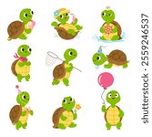 Turtle characters in different poses. Turtles drinks cocktail, eating ice cream, play with balloon and helm. Birthday funny animals nowaday vector set