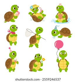 Turtle characters in different poses. Turtles drinks cocktail, eating ice cream, play with balloon and helm. Birthday funny animals nowaday vector set