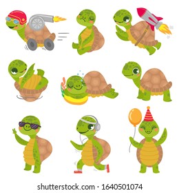 Turtle child. Cute little green turtles mascot, fast rocket tortoise and sleeping turtle vector illustration set. Collection of funny baby reptiles or reptilians. Bundle of happy wild exotic animals.