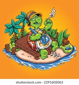 Tortuga y humo en la caricatura de la playa