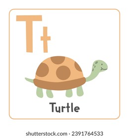 Turtle Clip Art. Schildkröte Vektorgrafik Cartoon flach Stil. Die Tiere beginnen mit dem Buchstaben T. Tieralphabetenkarte. Lernbrief T-Karte. Kindererziehung. Cute-Schildkröte-Vektordesign