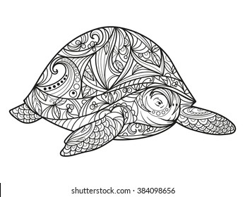 Turtle coloring book for adults vector illustration. Anti-stress coloring for adult. Zentangle style. Black and white lines. Lace pattern svg
