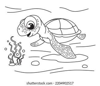 Turtle coloring book. Coloring book for kids. Linear contour drawing. Cute cartoon underwater character. Black and white drawing of a sea turtle.Horizontal coloring page.