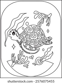 Turtle coloring book. The underwater animal swims and smiles friendly ocean reptile with a shell. There character on the seabed among fish, seaweed, bubbles. Black and white clipart for children.