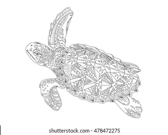 Turtle coloring book vector illustration. Anti-stress coloring for adult. Zentangle style. Black and white lines. Lace pattern svg