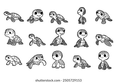 Turtle coloring outline vector set illustration