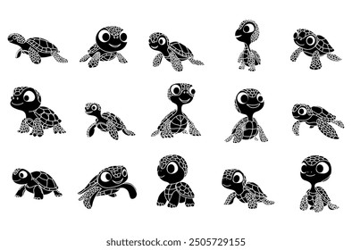 Turtle coloring outline vector set illustration