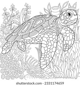 Turtle coloring page. Outline sea design in mandala and zentangle style