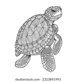 Página de coloreo de tortugas de estilo zentangle, tortuga submarina estilizada (tortuga), aislada en fondo blanco. Esbozo de mano libre para página del libro de colorear antiestrés para adultos con doodle y halcón