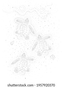 Turtle constellation. Set of baby turtles marching towards sea from sea shore or sand
