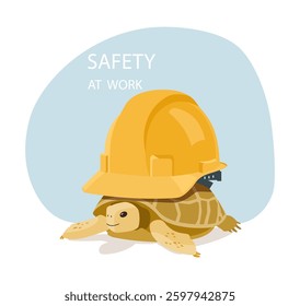 Turtle in a construction helmet. Concept illustration of the use of protective equipment at work. Vector illustration.