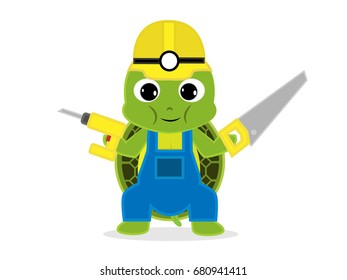  Turtle construction workers cartoon holding hacksaw and Electric drill . Funny vector illustration.