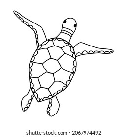 Turtle. Contour Drawing Of A Marine Animal. Swimming Turtle Spread Its Flippers. View From Above. Simple Doodle Sketch With Black Lines. Vector Illustration. Coloring Book For Children. Tortoise Shell