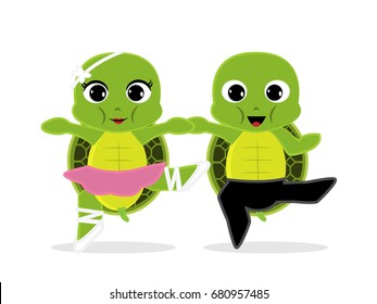 Turtle Couple ballerina cartoon hoding hand and  dancing together. Funny vector illustration.