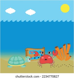 Turtle and Crab with a Map under the Sea Illustration