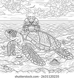 Eine Schildkröte und Krabbe am Strand. Malbuch Antistress für Kinder und Erwachsene. Abbildung einzeln auf weißem Hintergrund. Handzeichnung